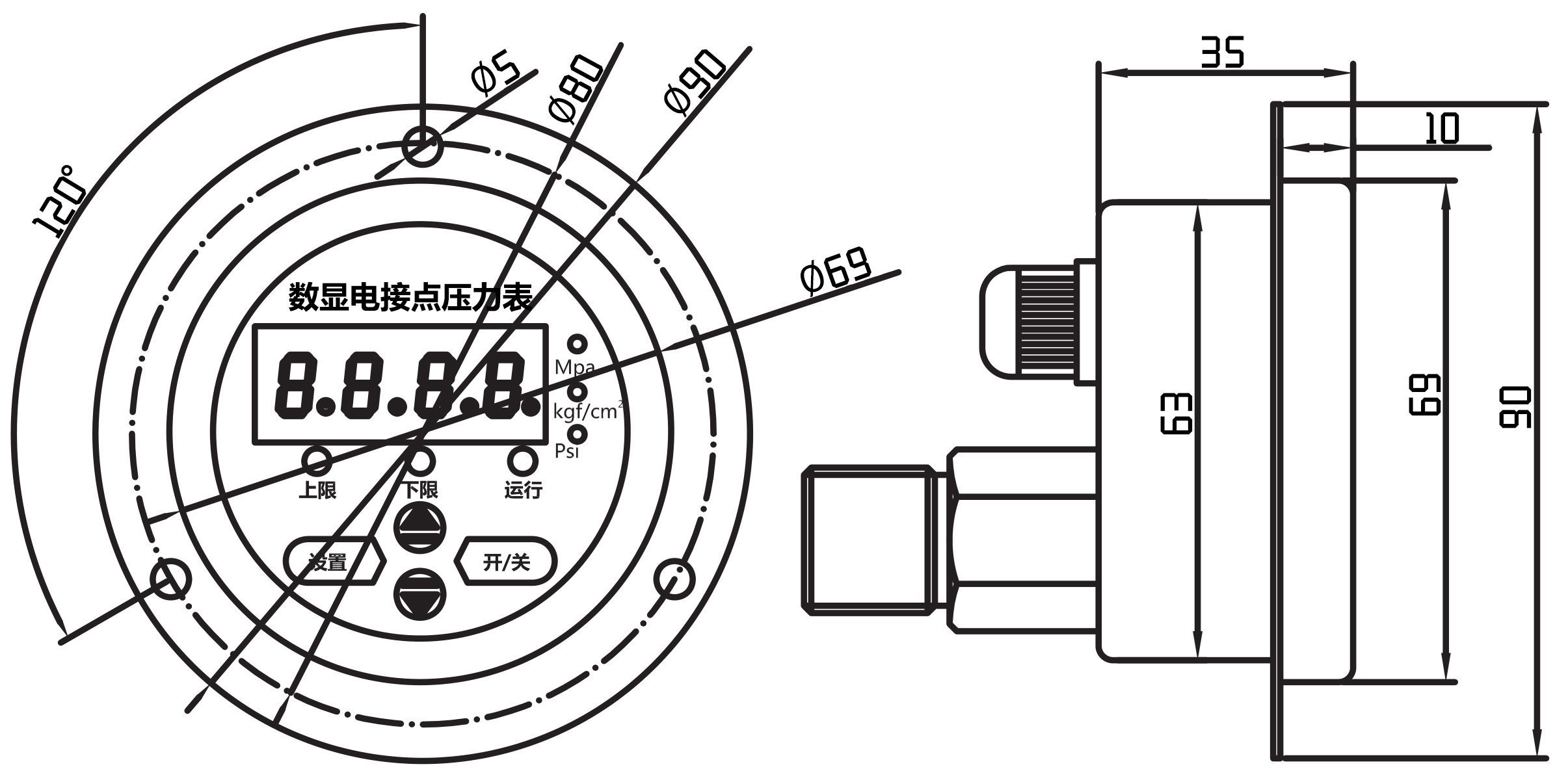 YL-820Z電接點(diǎn)壓力表尺寸圖